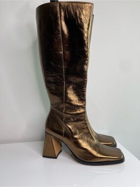 Ana Palma Metallic Bronze Tall Block-Heel Women's Boots Made In Spain Size 41